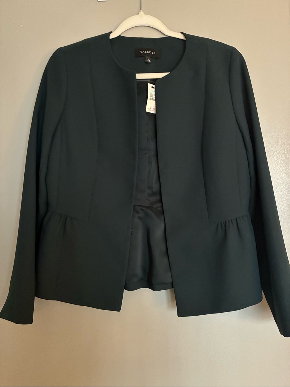 Talbots Dark Green Collarless Peplum Jacket